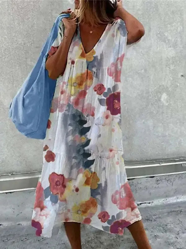 Stilla | Boho Strandkjole Til damer Sommerkjole Med V-udskæring og Korte ærmer I Blomsterprint