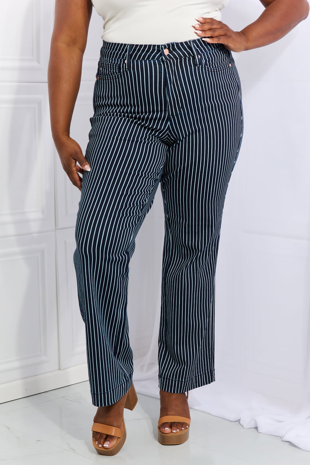 Stilla | Blue Cassidy Full Size Høj Talje Tummy Control Stribede Lige Jeans