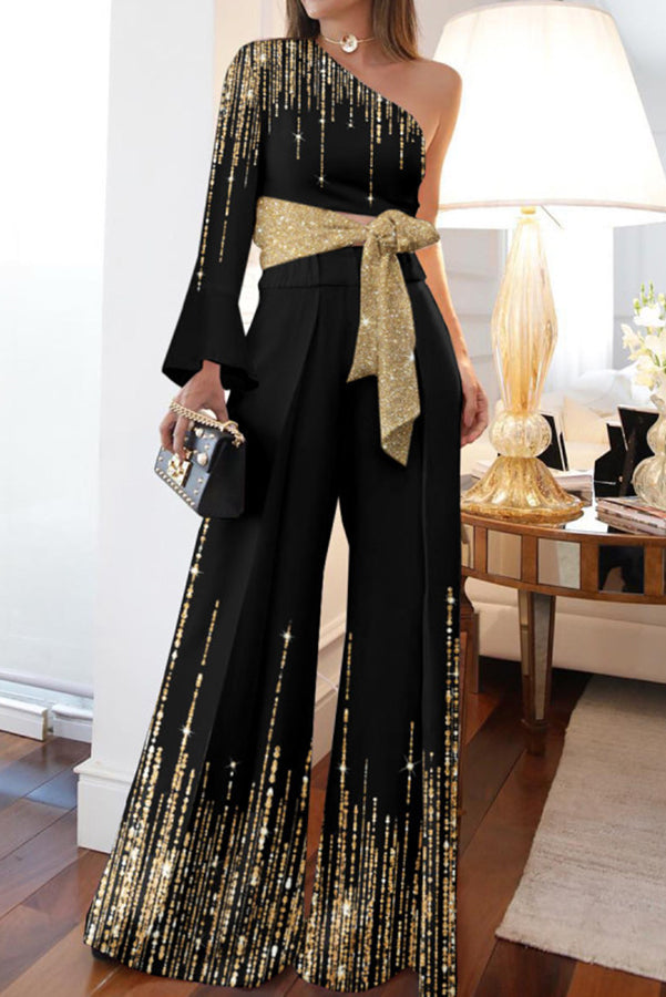 Stilla | Queendom Metallic Farve Print One Shoulder Jumpsuit