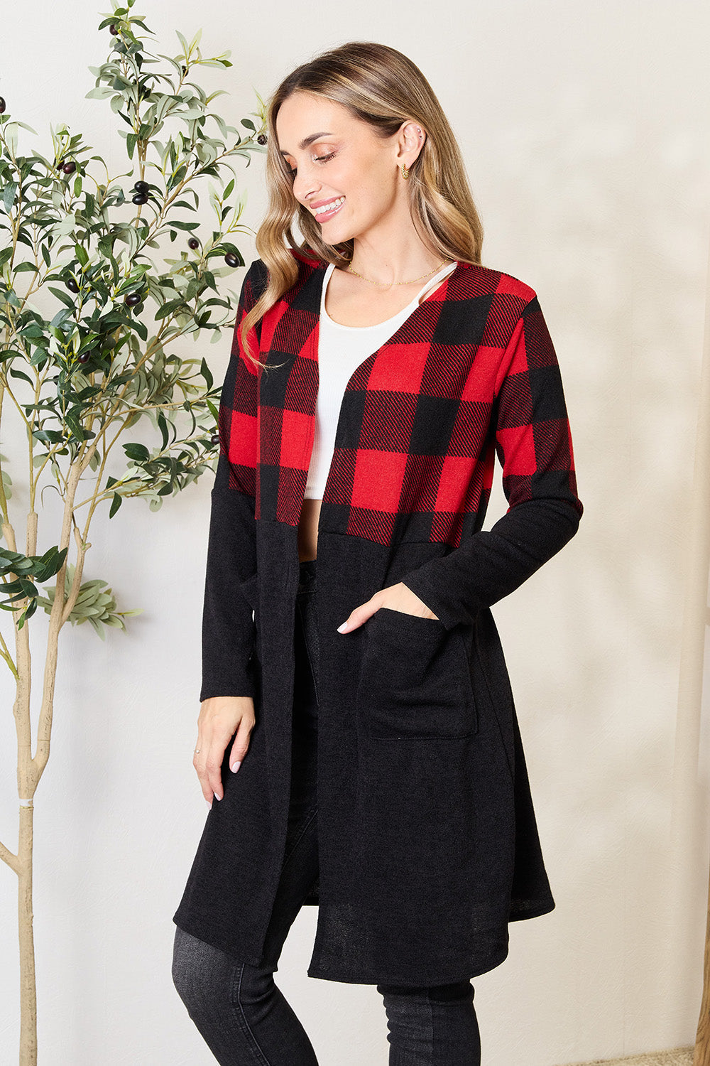 Stilla | Full Size Plaid Åben Front Cardigan