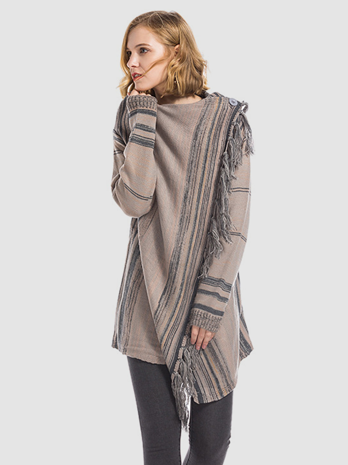 Stilla | Vinger Fringe Stribet Åben Front Langærmet Cardigan