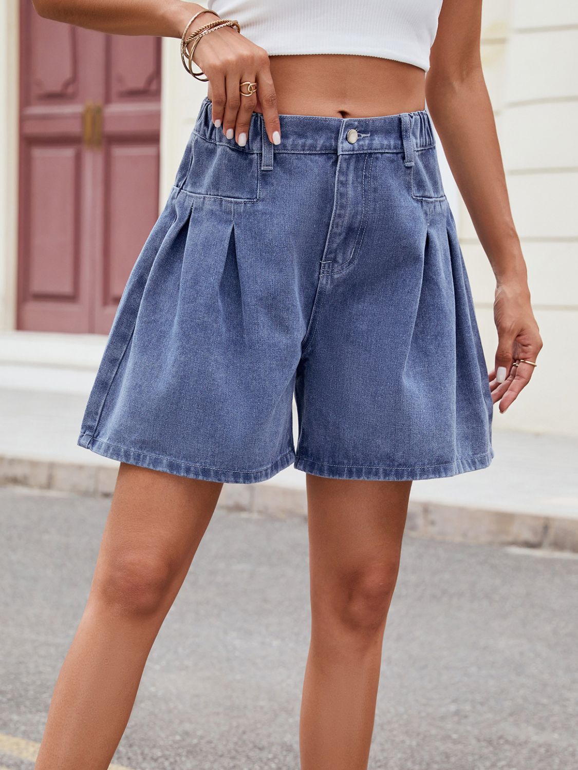 Stilla | Halv Elastisk Talje Denim Shorts
