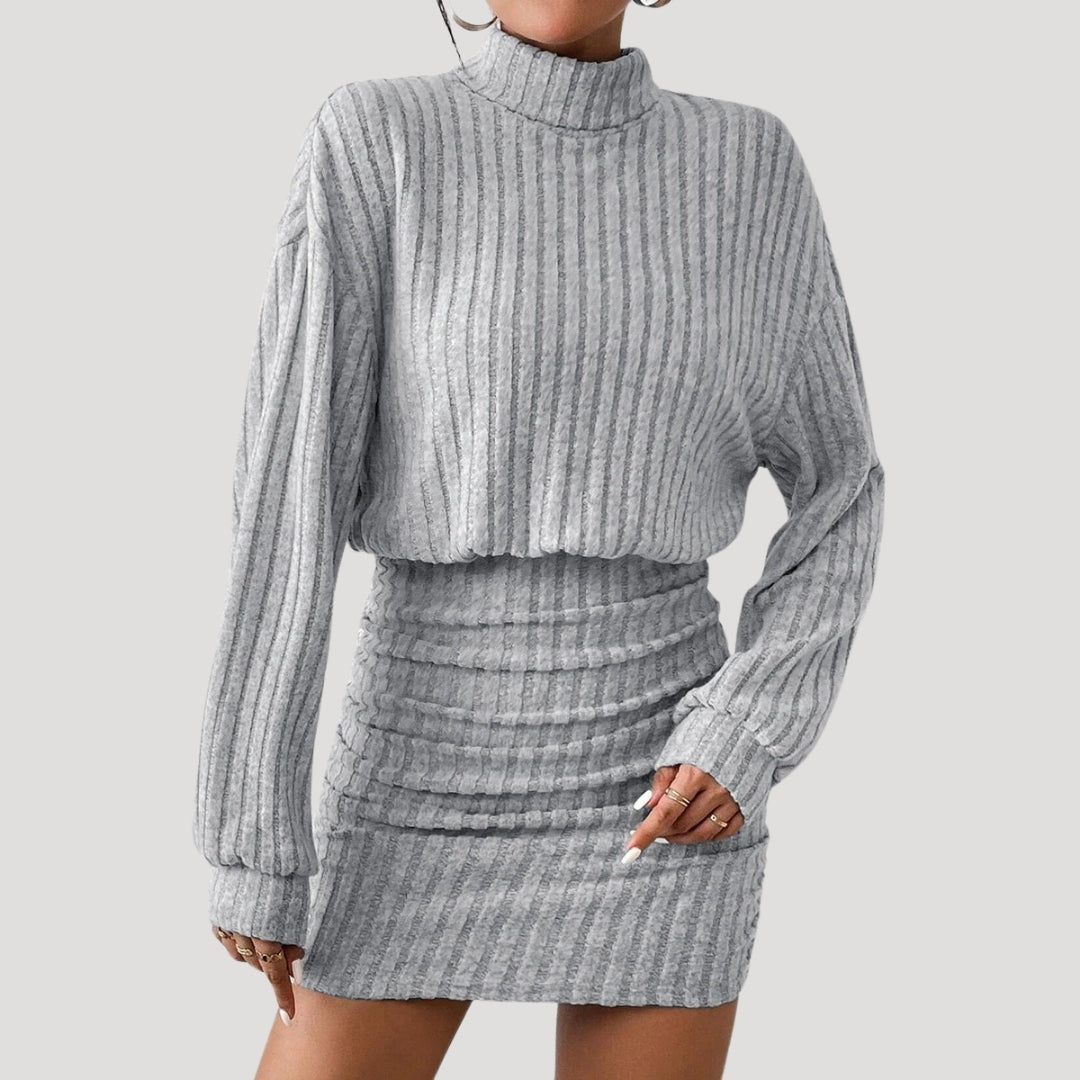 Stilla | Kvinders Ribbet Strikket Turtleneck Mini Kjole