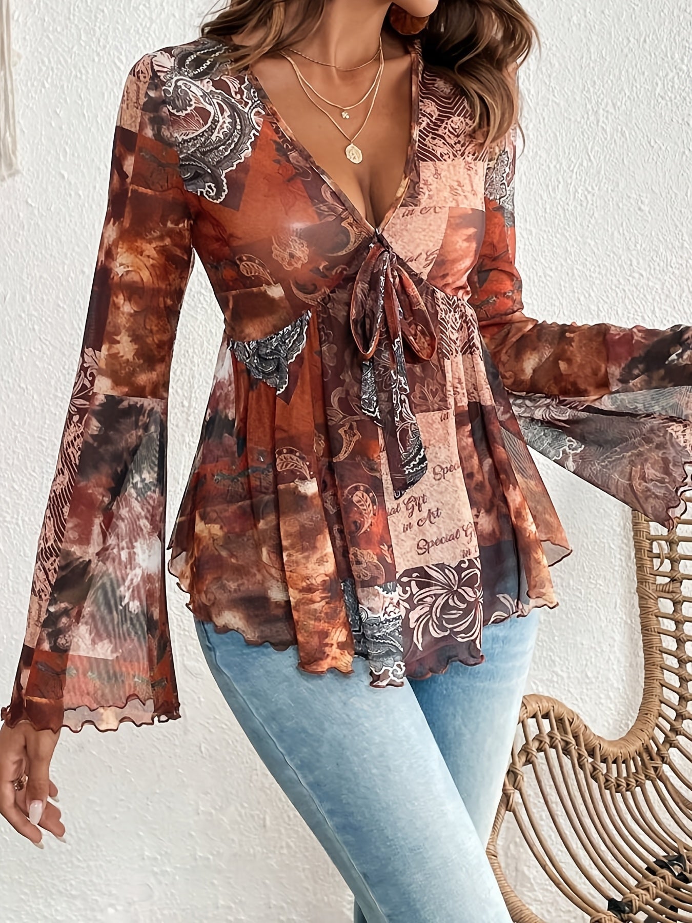 Stilla | Elegant Kjole Paisley V-Hals, Lange Ærmer & Let Mesh