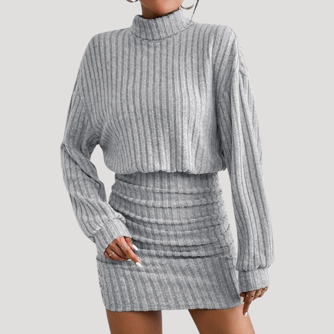 Stilla | Kvinders Ribbet Strikket Turtleneck Mini Kjole