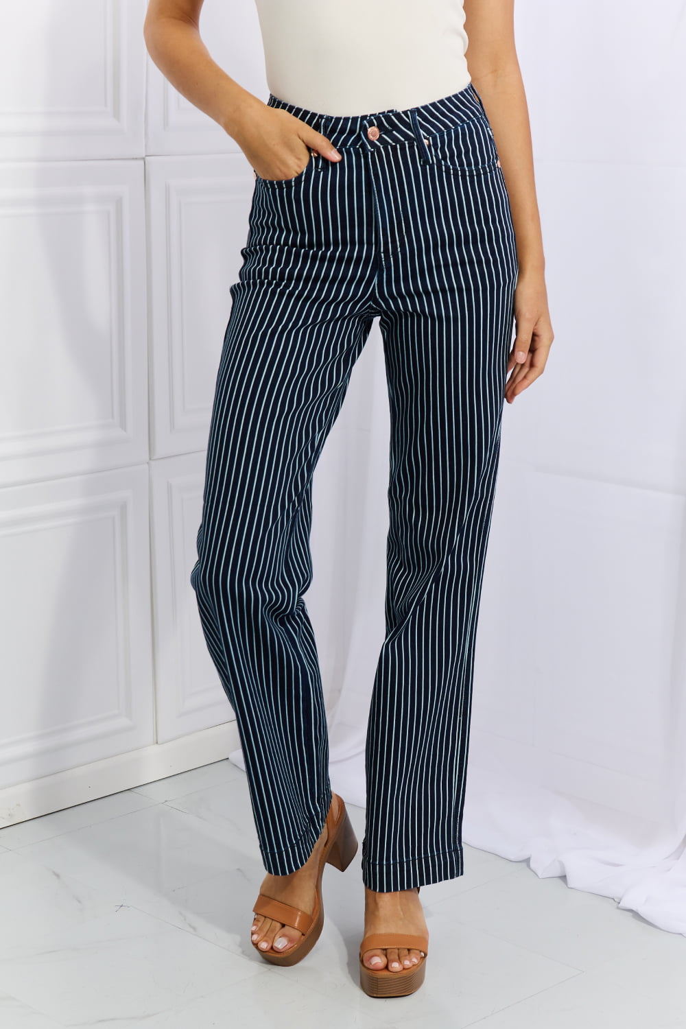 Stilla | Blue Cassidy Full Size Høj Talje Tummy Control Stribede Lige Jeans