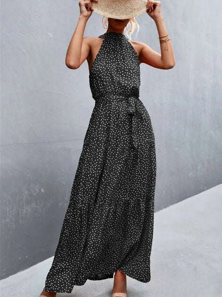 Stilla | Strappy Halterneck Jumpsuit Kjole Med Flæser Og Prikker Print, Bestseller