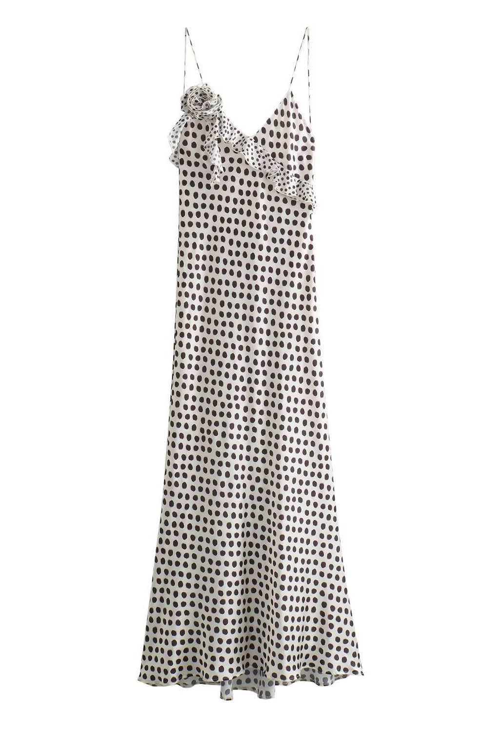 Stilla | Lang Prikket Kjole med Flæsedetaljer Polyester Elegant & Tidssvarende