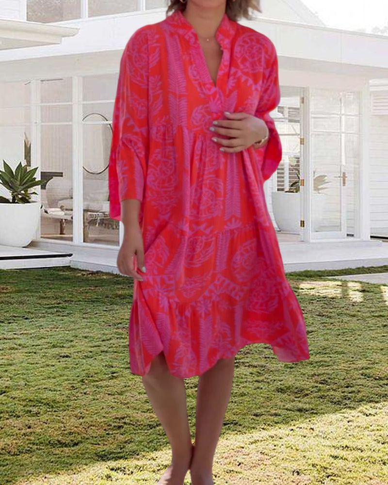 Stilla | 3/4-Ærmet Kjole med Geometrisk Boho-Print