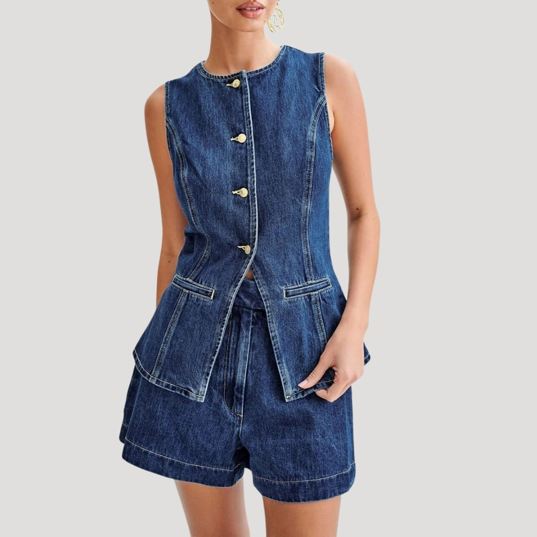 Stilla | Kvinders Denim Co Ord Sæt Ærmeløs Knap Op