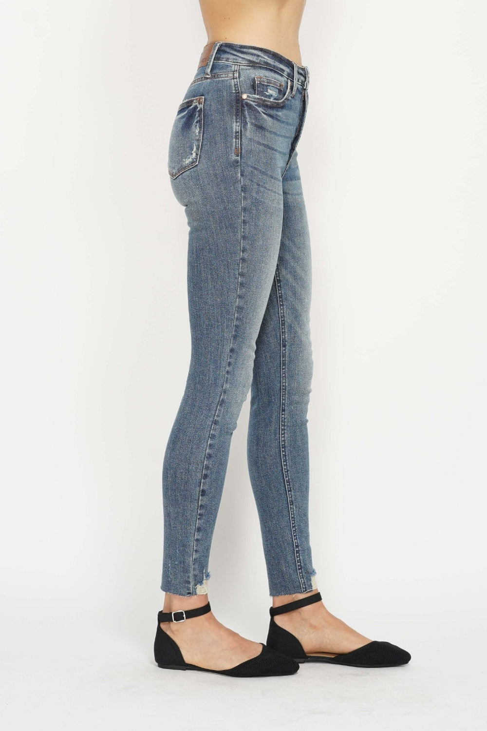 Stilla | Blå Full Size Tummy Control Vintage Wash Hem Destroy Skinny Jeans