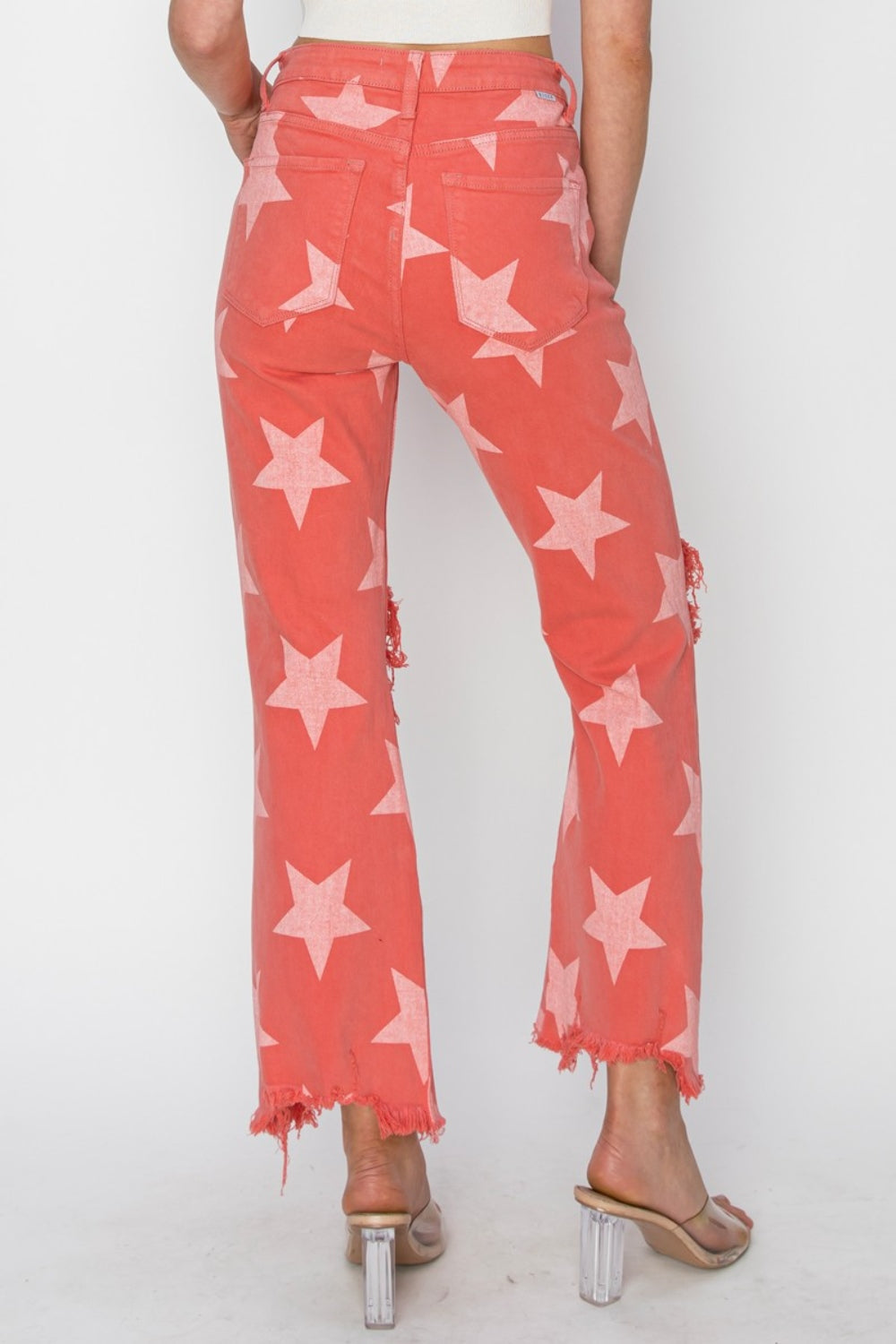 Stilla | Full Size Distressed Raw Hem Star Pattern Jeans