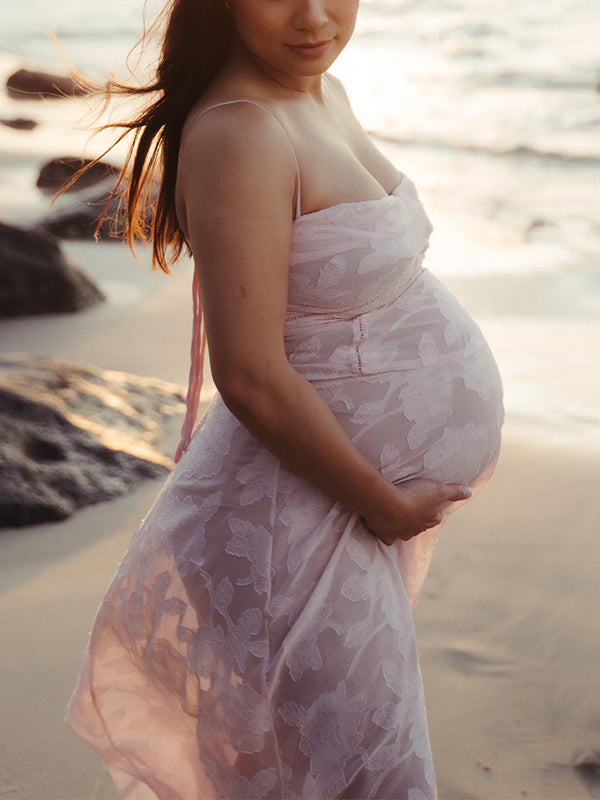 Stilla | Rosa Underkjole Lang Maternity Kjole Uden Ryg Fest Nat Ud Transparant Maternity Kjoler Elegante