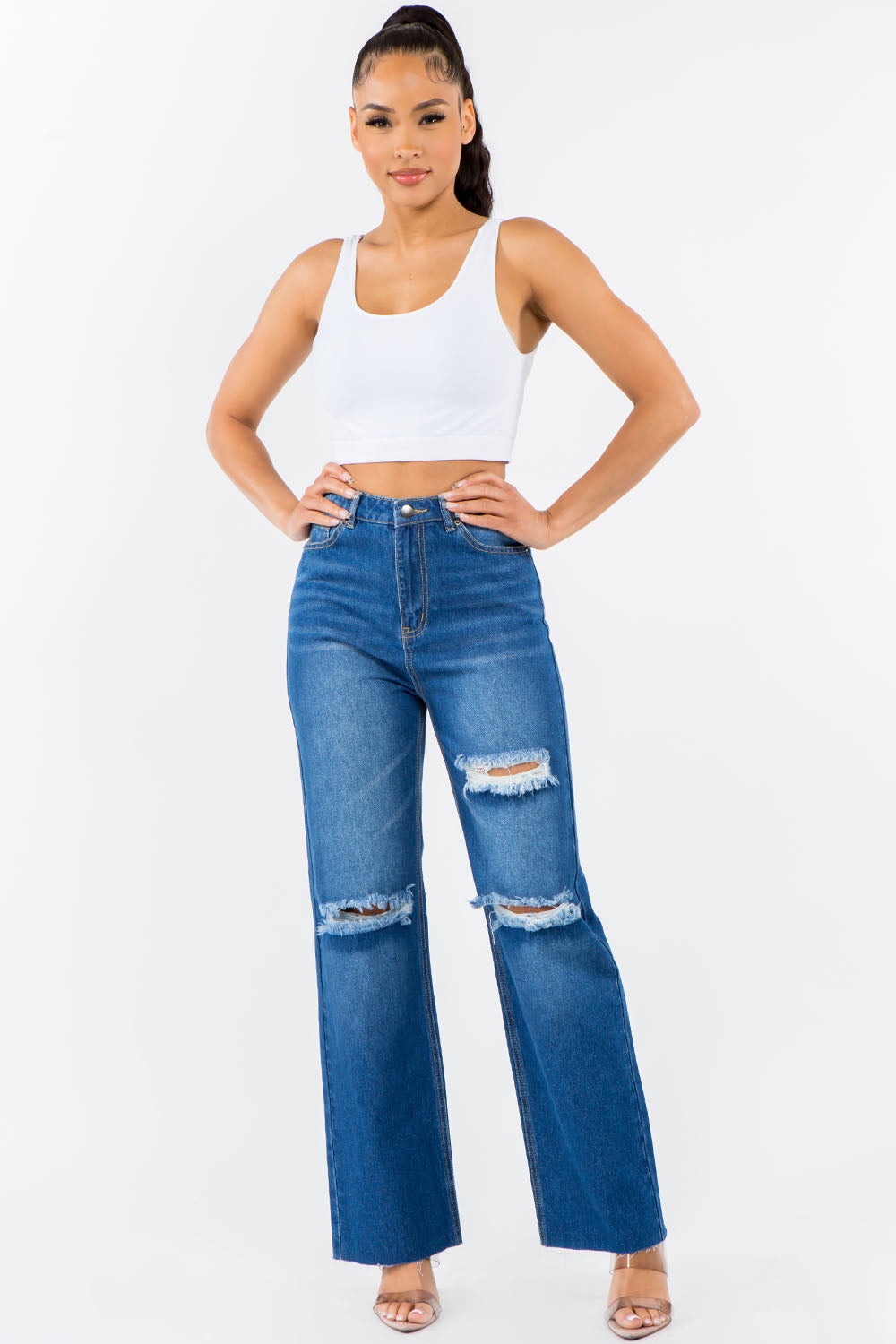 Stilla | Bazi Høj Talje Distressed Bred Ben Jeans
