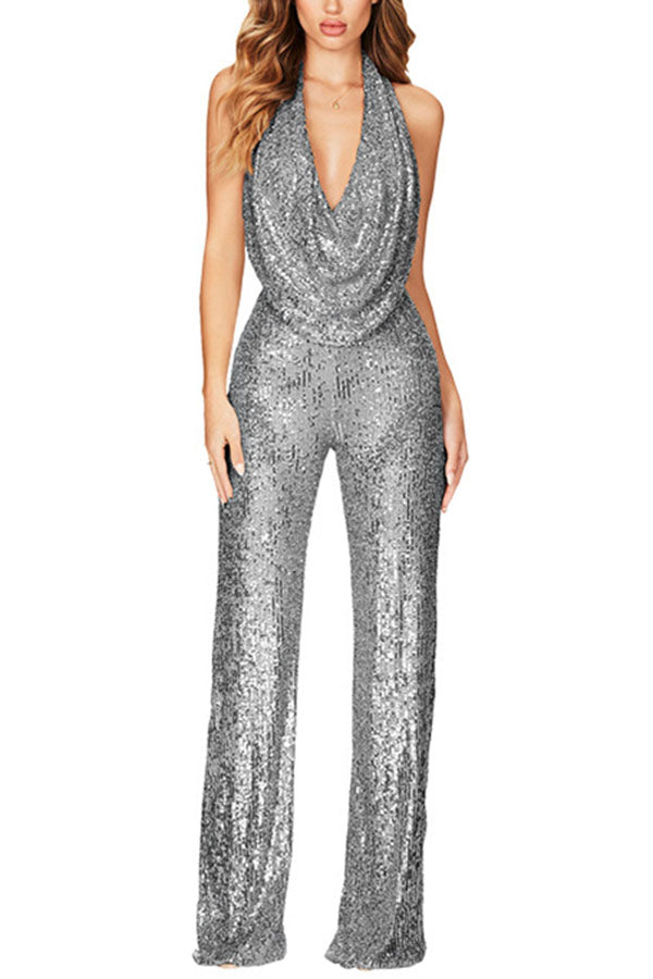 Stilla | Glitrende Halter Stil Draperet Hals Bred Ben Jumpsuit