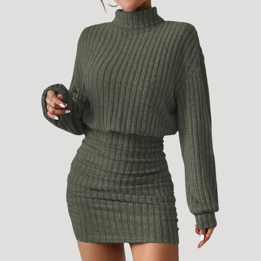 Stilla | Kvinders Ribbet Strikket Turtleneck Mini Kjole