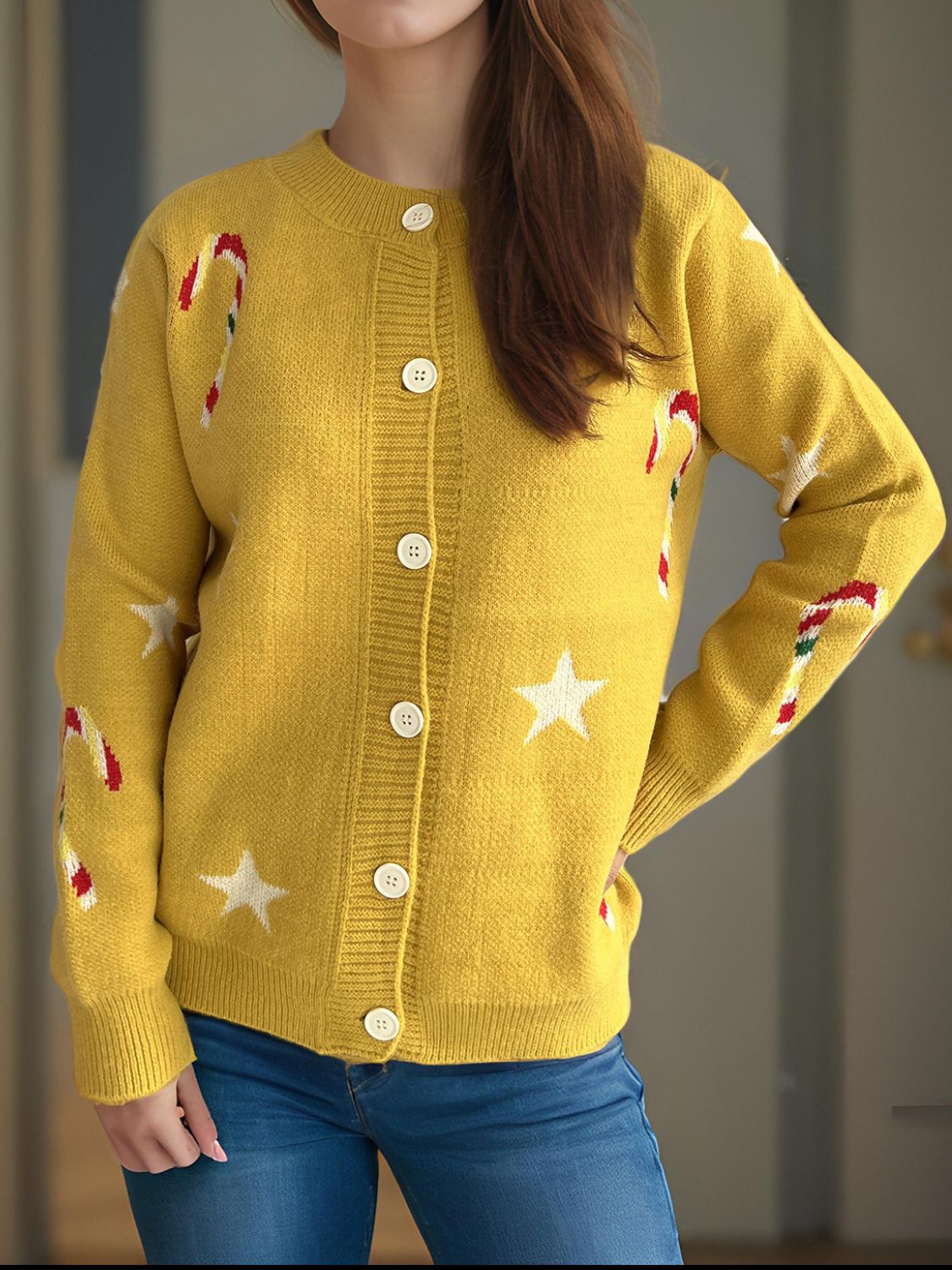 Stilla | Langærmet Strikjakke Med Knapper Foran Candy Cane & Star.