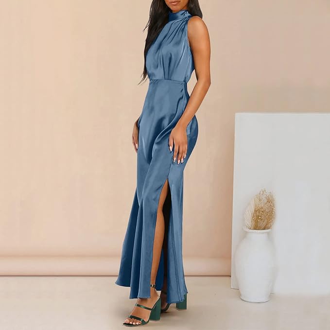 Stilla | Elegant Maxi Silkekjole Med Høj Hals | Perfekt Til Formelle Anledninger
