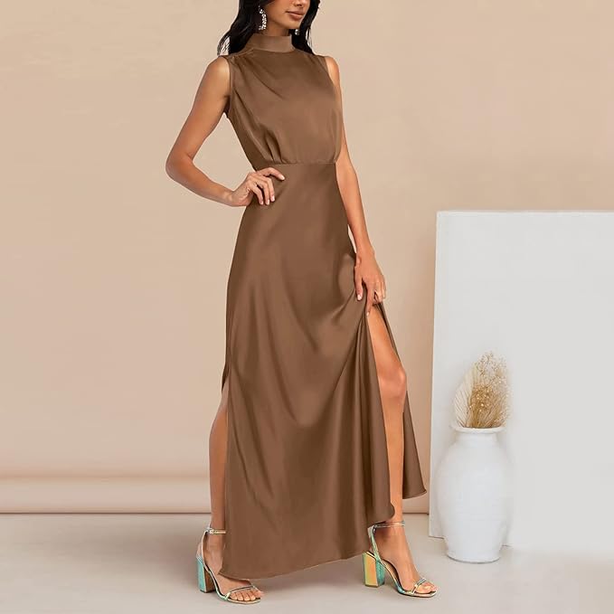 Stilla | Elegant Maxi Silkekjole Med Høj Hals | Perfekt Til Formelle Anledninger