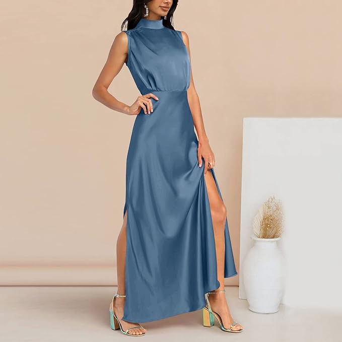 Stilla | Elegant Maxi Silkekjole Med Høj Hals | Perfekt Til Formelle Anledninger