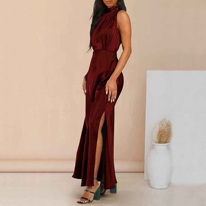 Stilla | Elegant Maxi Silkekjole Med Høj Hals | Perfekt Til Formelle Anledninger