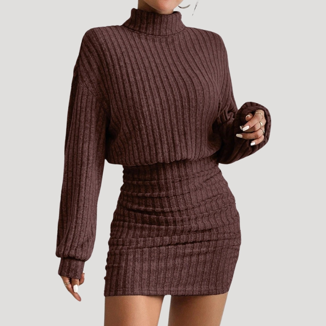 Stilla | Kvinders Ribbet Strikket Turtleneck Mini Kjole