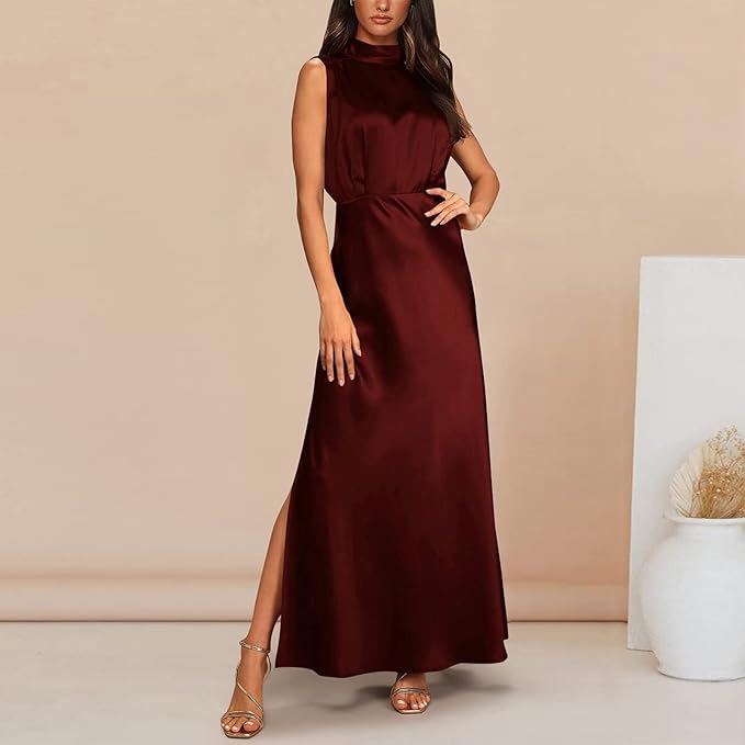 Stilla | Elegant Maxi Silkekjole Med Høj Hals | Perfekt Til Formelle Anledninger