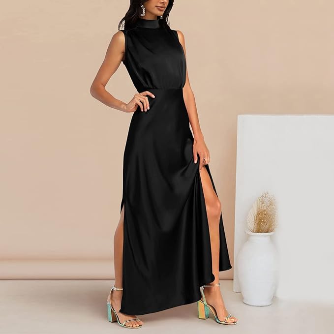 Stilla | Elegant Maxi Silkekjole Med Høj Hals | Perfekt Til Formelle Anledninger