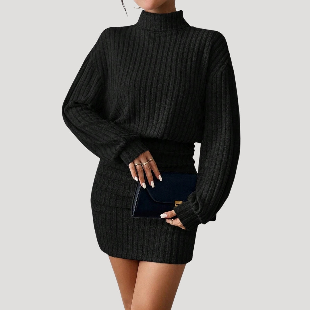 Stilla | Kvinders Ribbet Strikket Turtleneck Mini Kjole