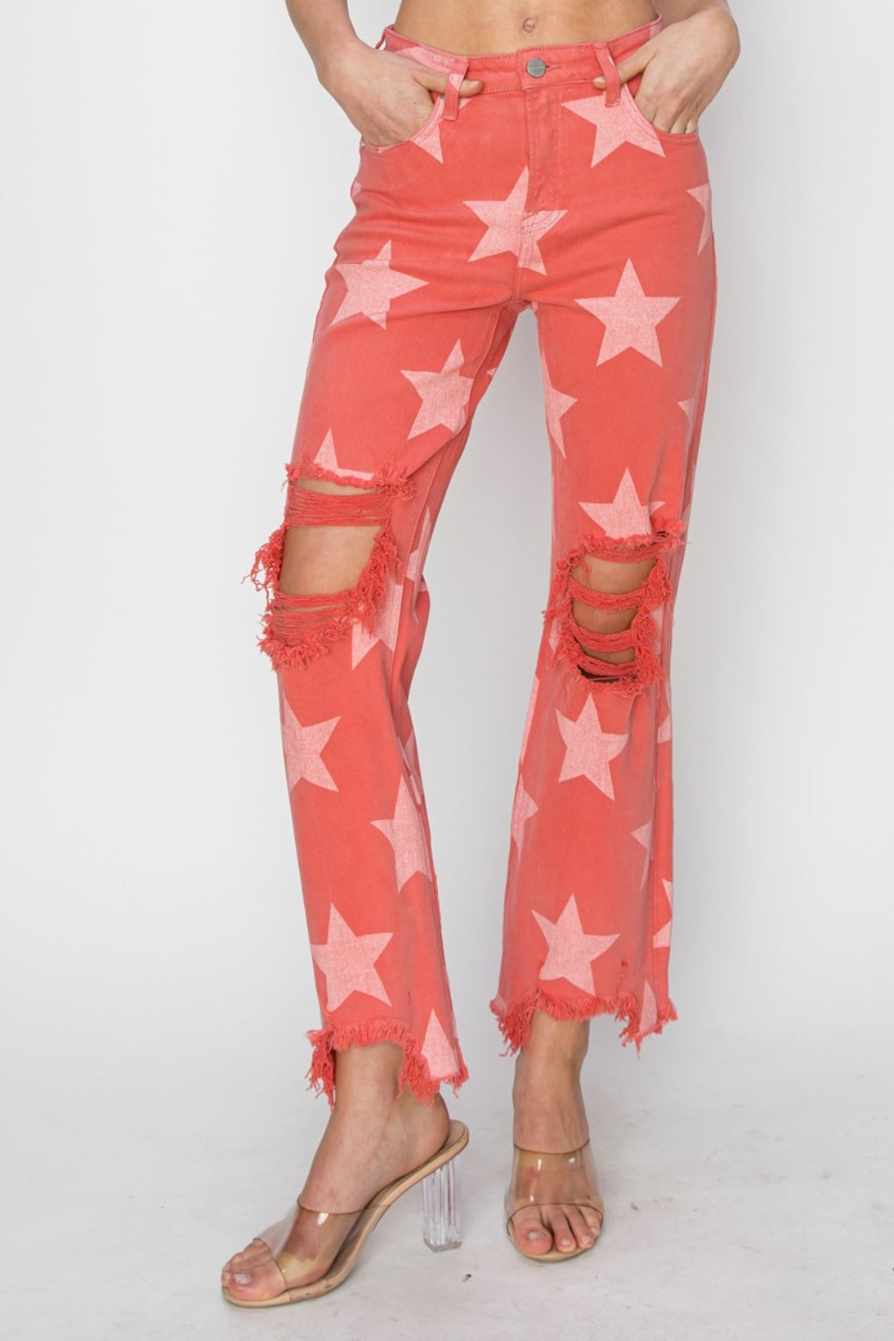 Stilla | Full Size Distressed Raw Hem Star Pattern Jeans