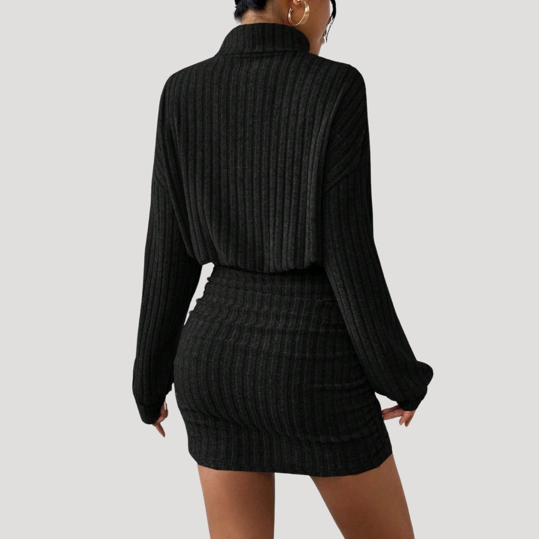Stilla | Kvinders Ribbet Strikket Turtleneck Mini Kjole