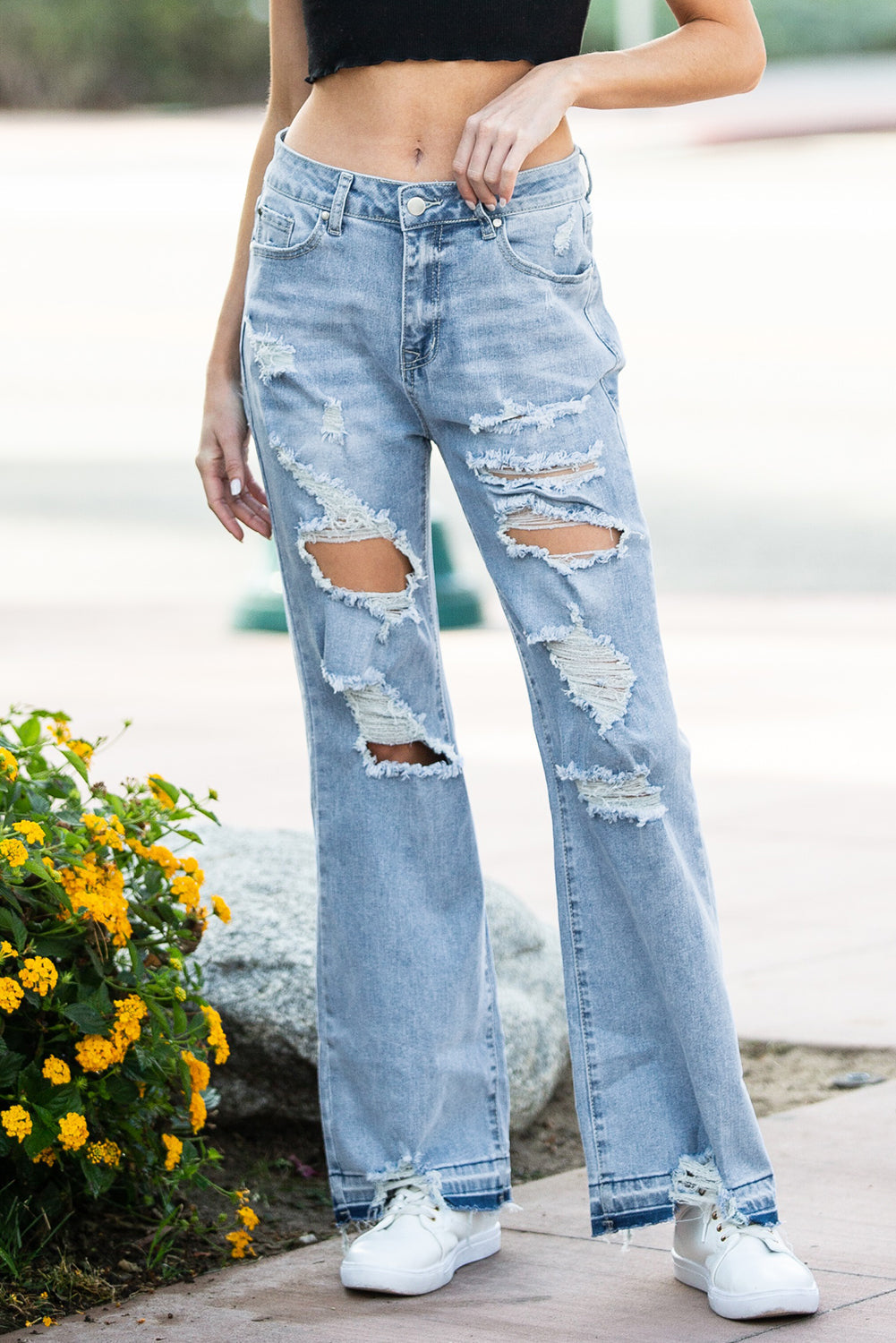 Stilla | Blå Vintage Slidte Rivne Bred Ben Jeans