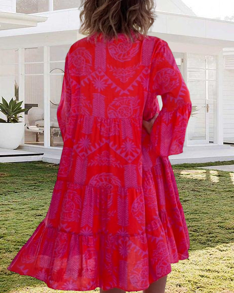 Stilla | 3/4-Ærmet Kjole med Geometrisk Boho-Print