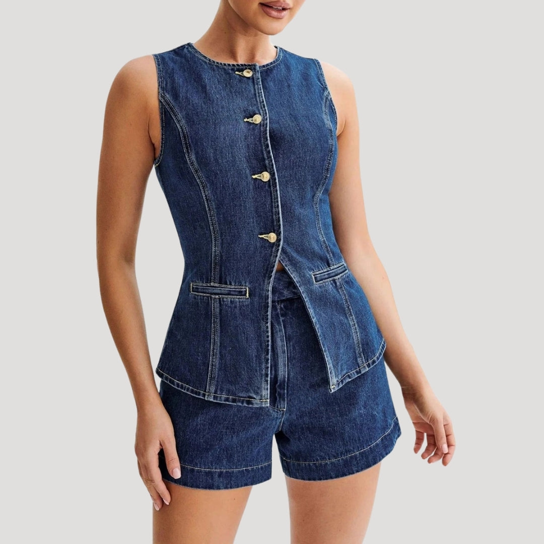 Stilla | Kvinders Denim Co Ord Sæt Ærmeløs Knap Op