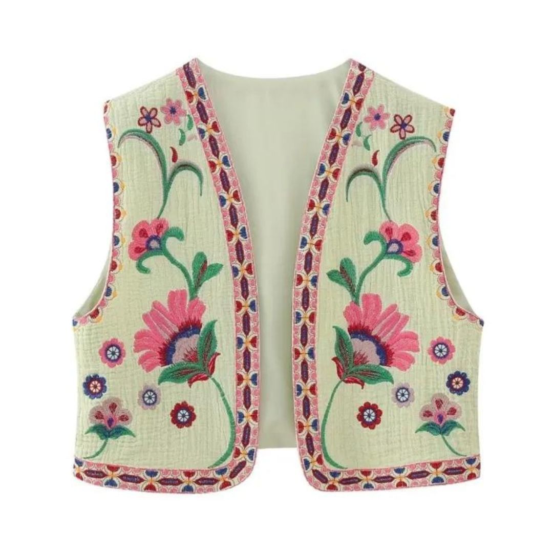 Stilla | Broderet ærmeløs vest med blomsteraccenter