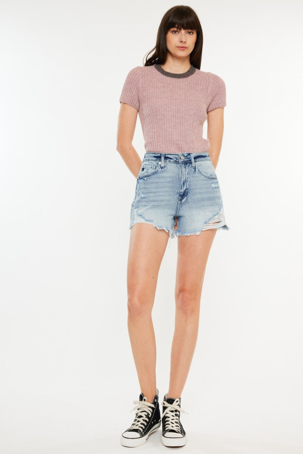 Stilla | Distressed High Waist Denim Shorts med lommer