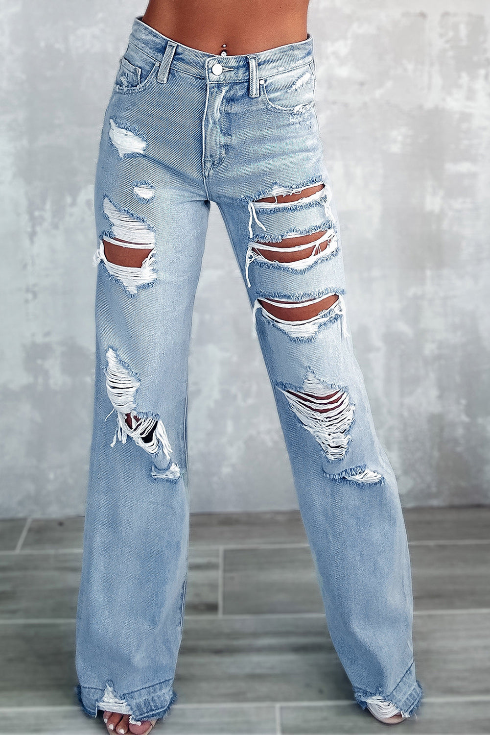 Stilla | Blå Vintage Slidte Rivne Bred Ben Jeans