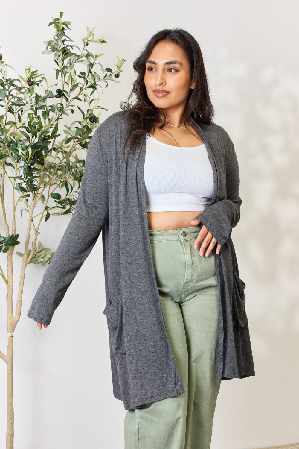 Stilla | Full Size Åben Front Cardigan med Lommer
