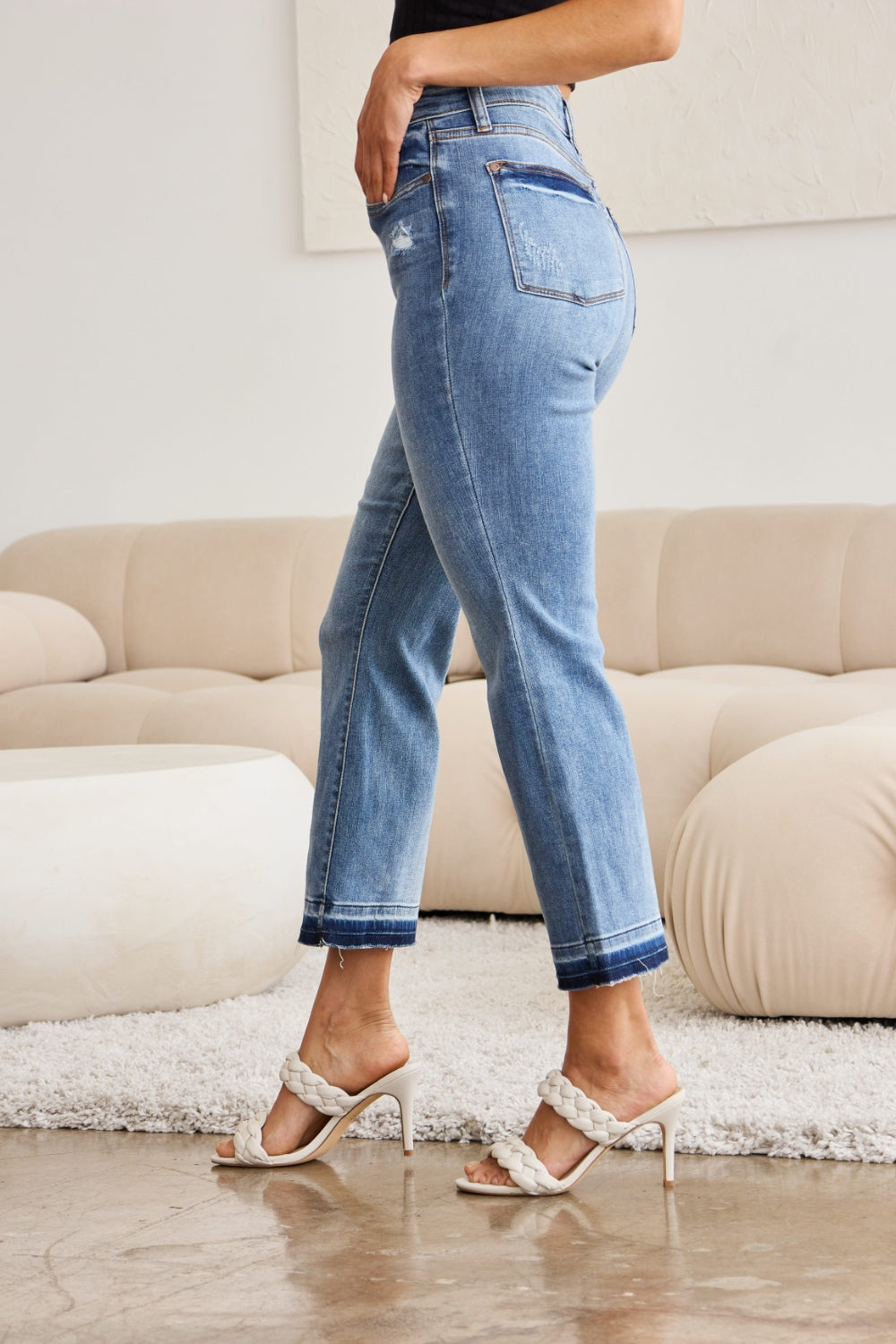 Stilla | Blå Full Size Release Hem Cropped Bootcut Jeans