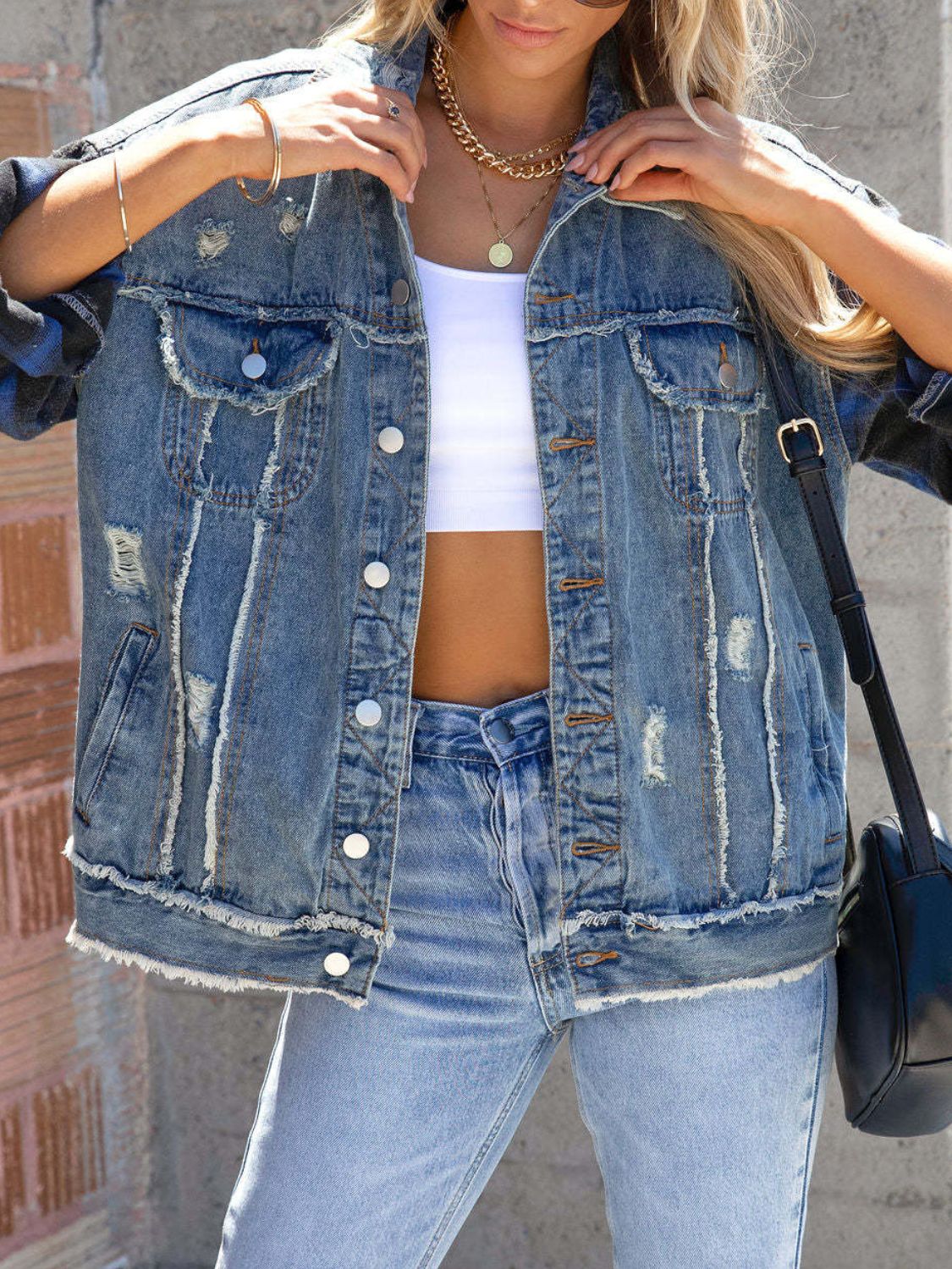 Stilla | Hem Plaid Ærme Denim Jakke