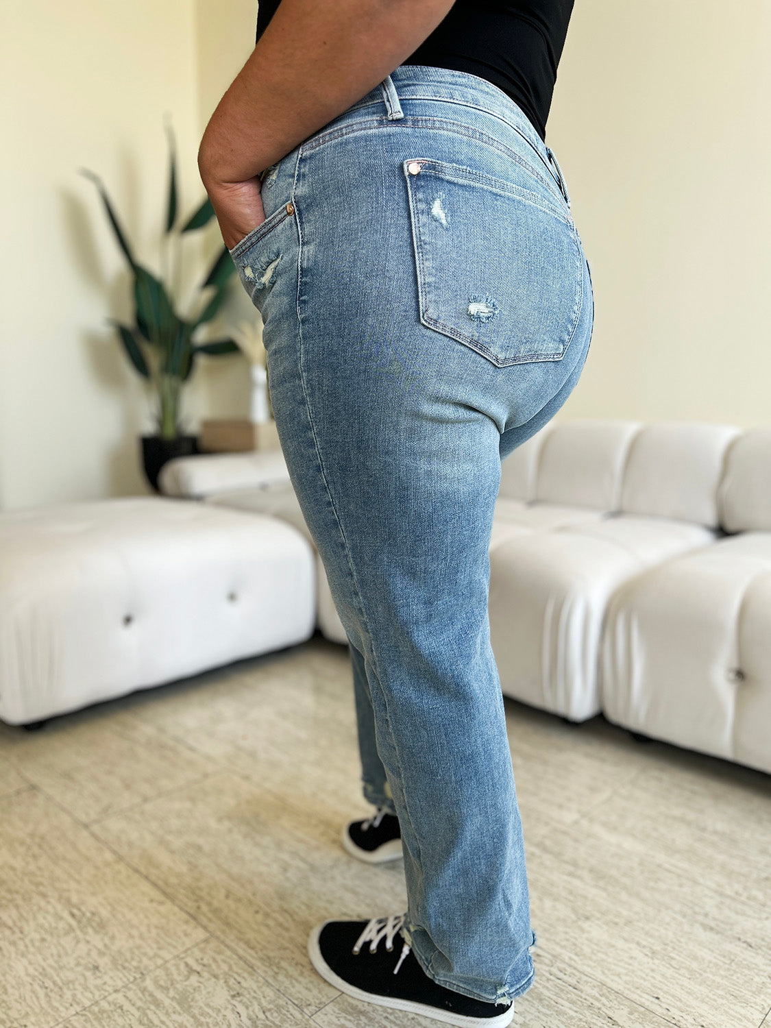 Stilla | Blå Fuld Størrelse Høj Talje Distressed Lige Jeans
