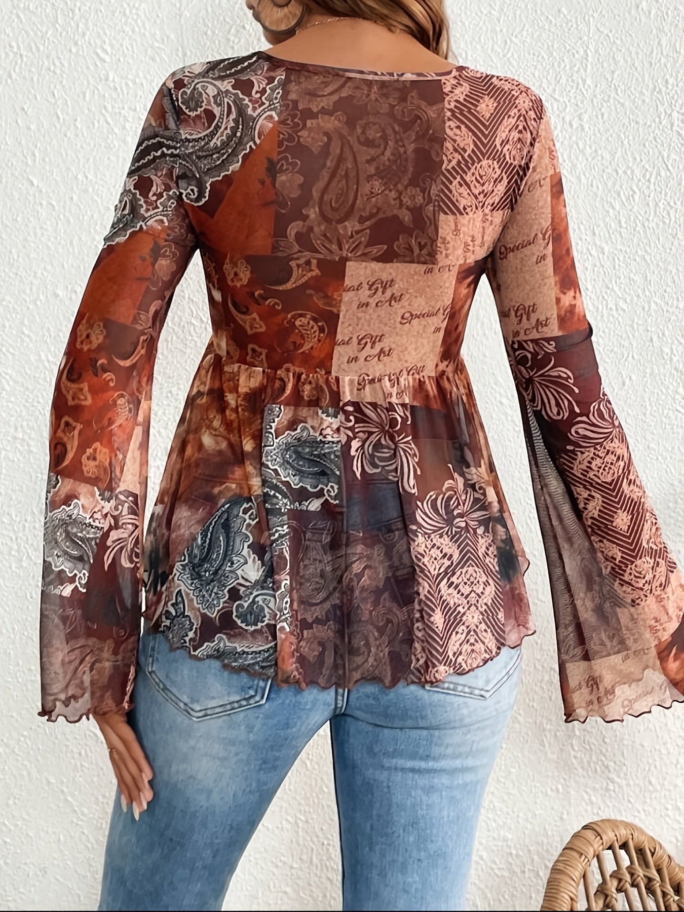 Stilla | Elegant Kjole Paisley V-Hals, Lange Ærmer & Let Mesh