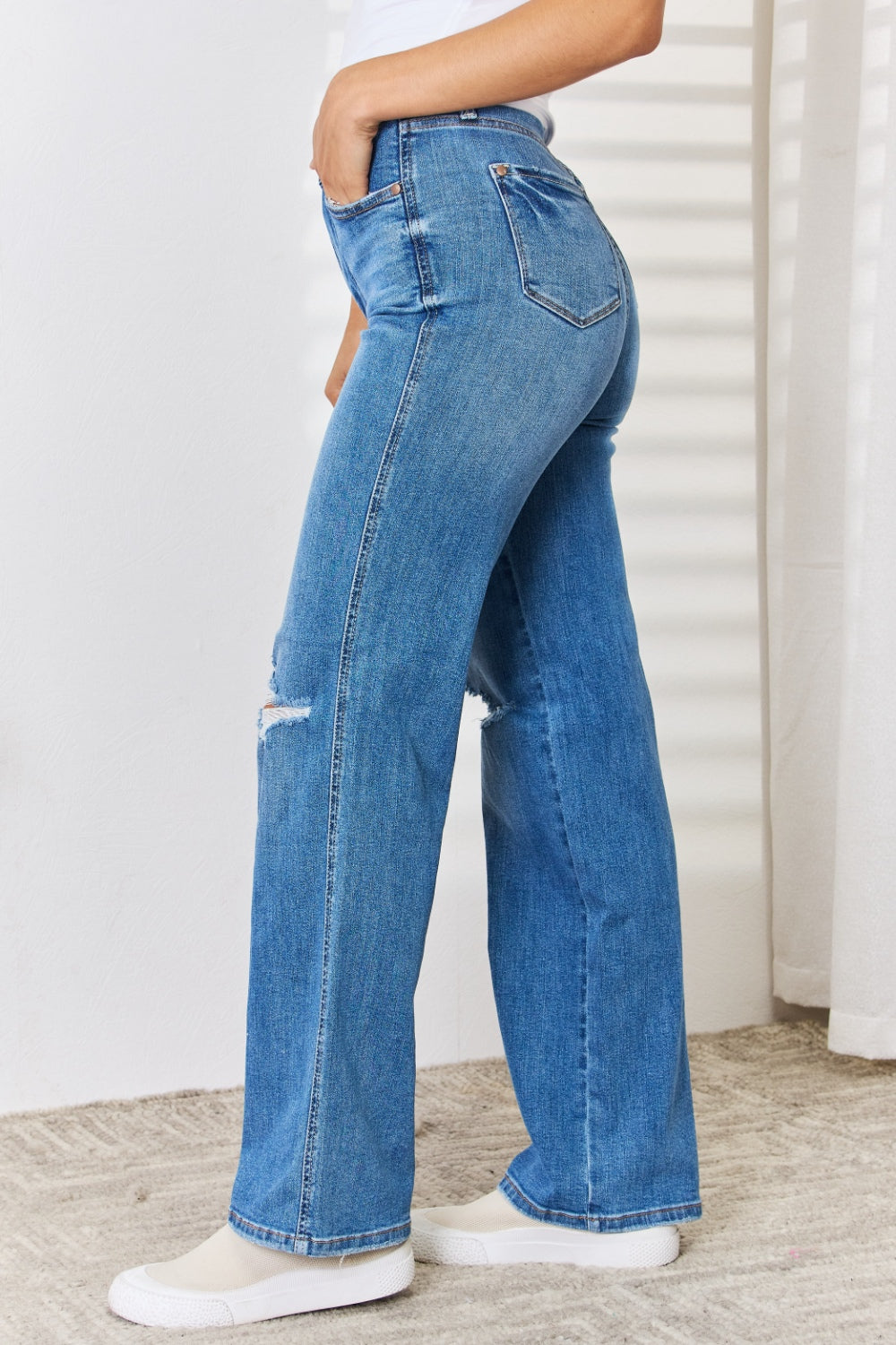 Stilla | Blå Fuldt Størrelse Høj Talje Distressed Straight-Leg Jeans