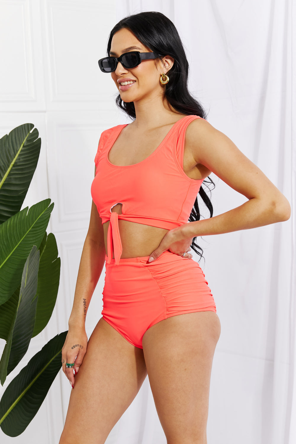 Stilla | West Swim Sanibel Crop Bade Top Og Rynkede Bunds Sæt I Koralfarvet
