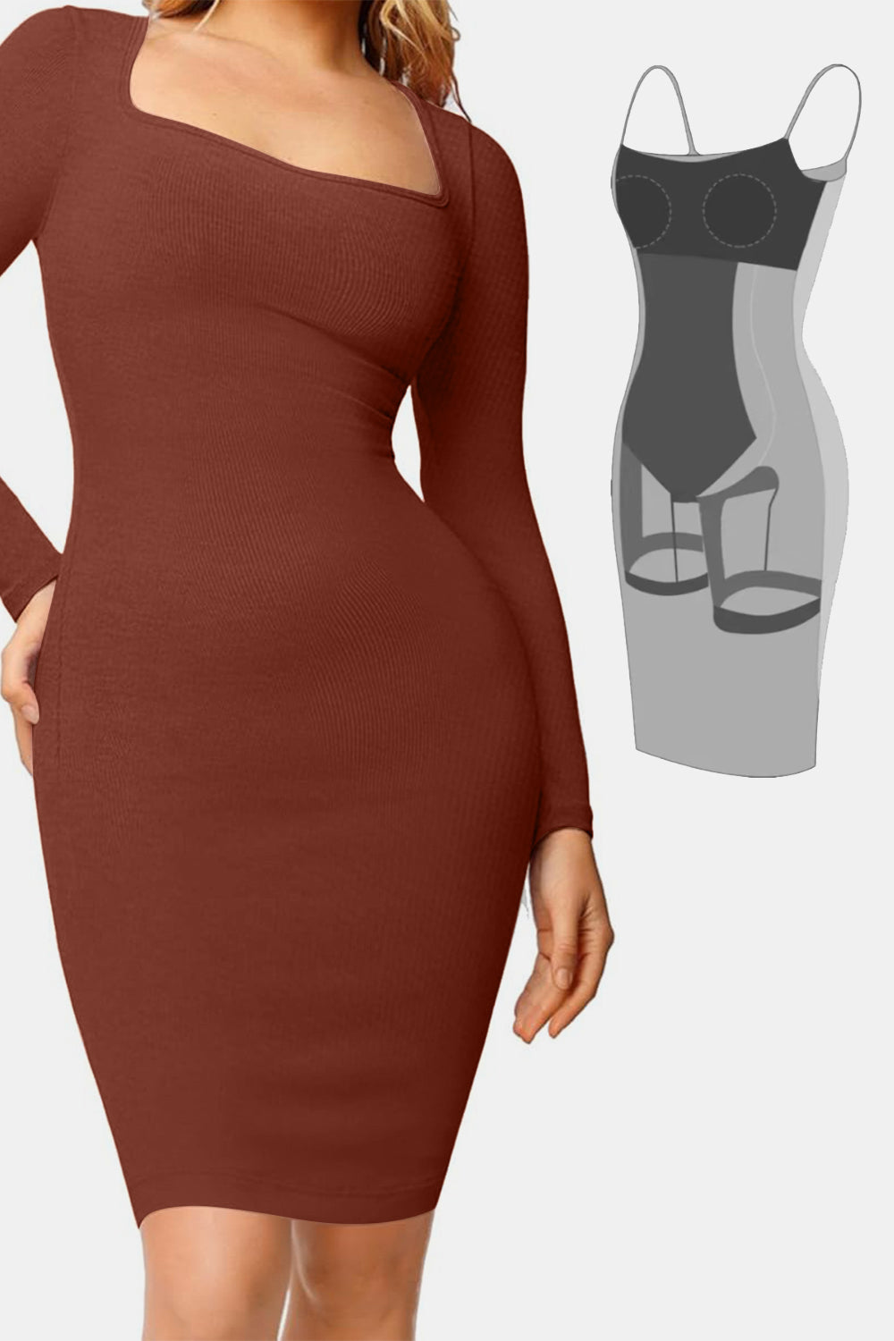 Stilla | Bae Full Size Indbygget Shapewear Square Neck Langærmet Kjole