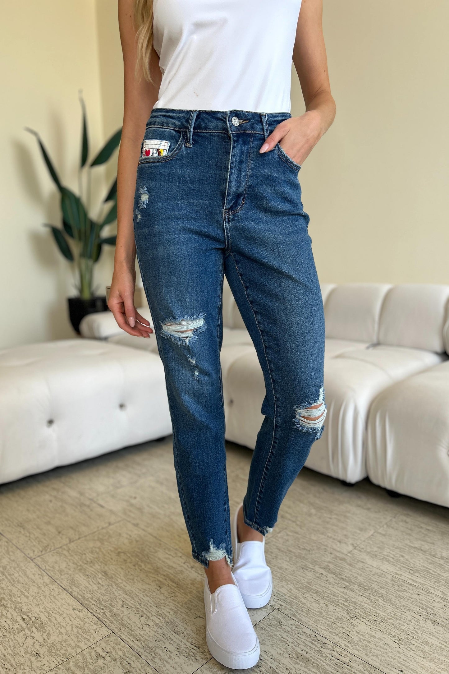 Stilla | Blue Full Size Queen Of Hearts Møntlomme BF Jeans