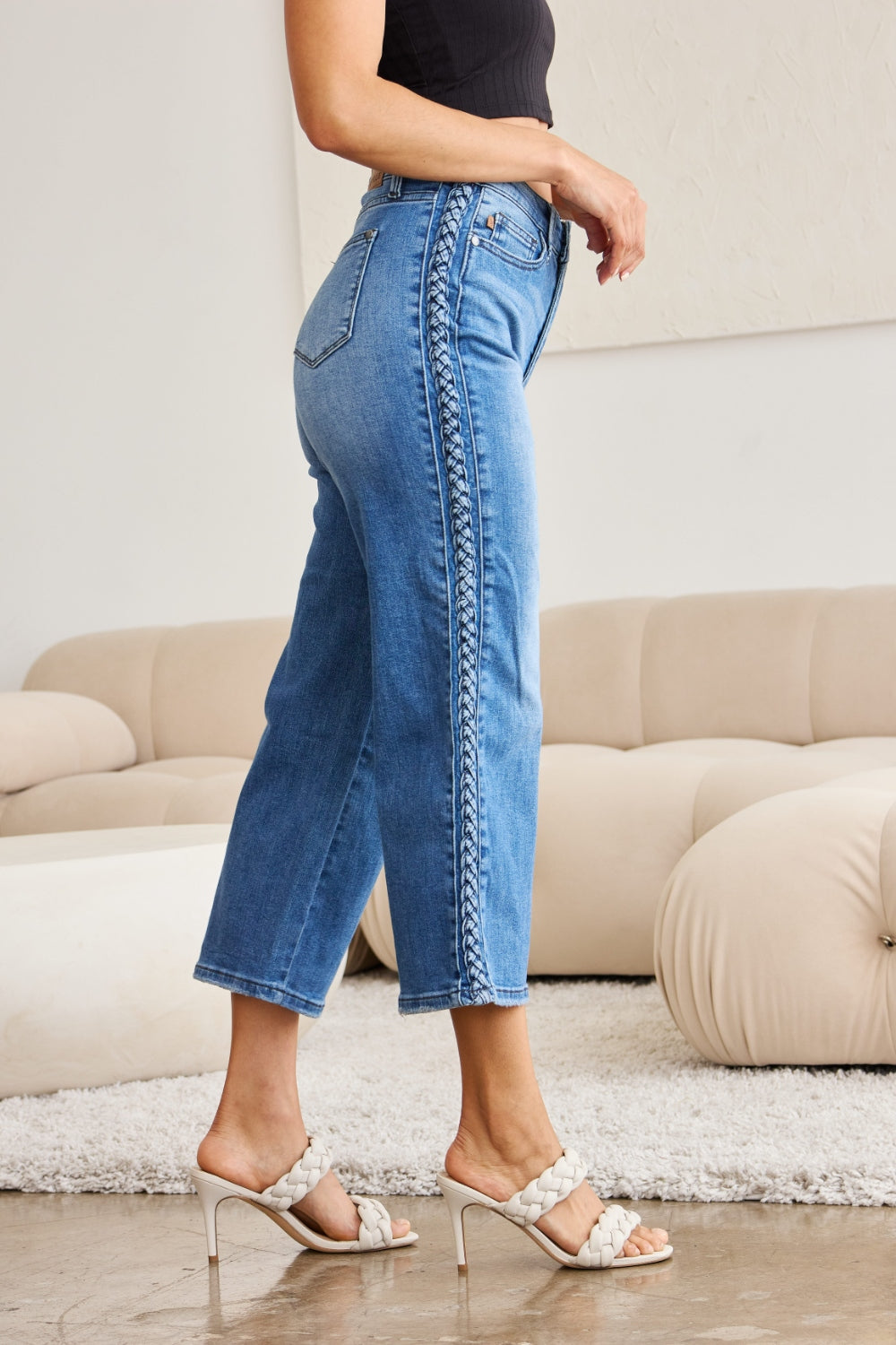 Stilla | Blå Plus Size Flet Side Detalje Bred Ben Jeans