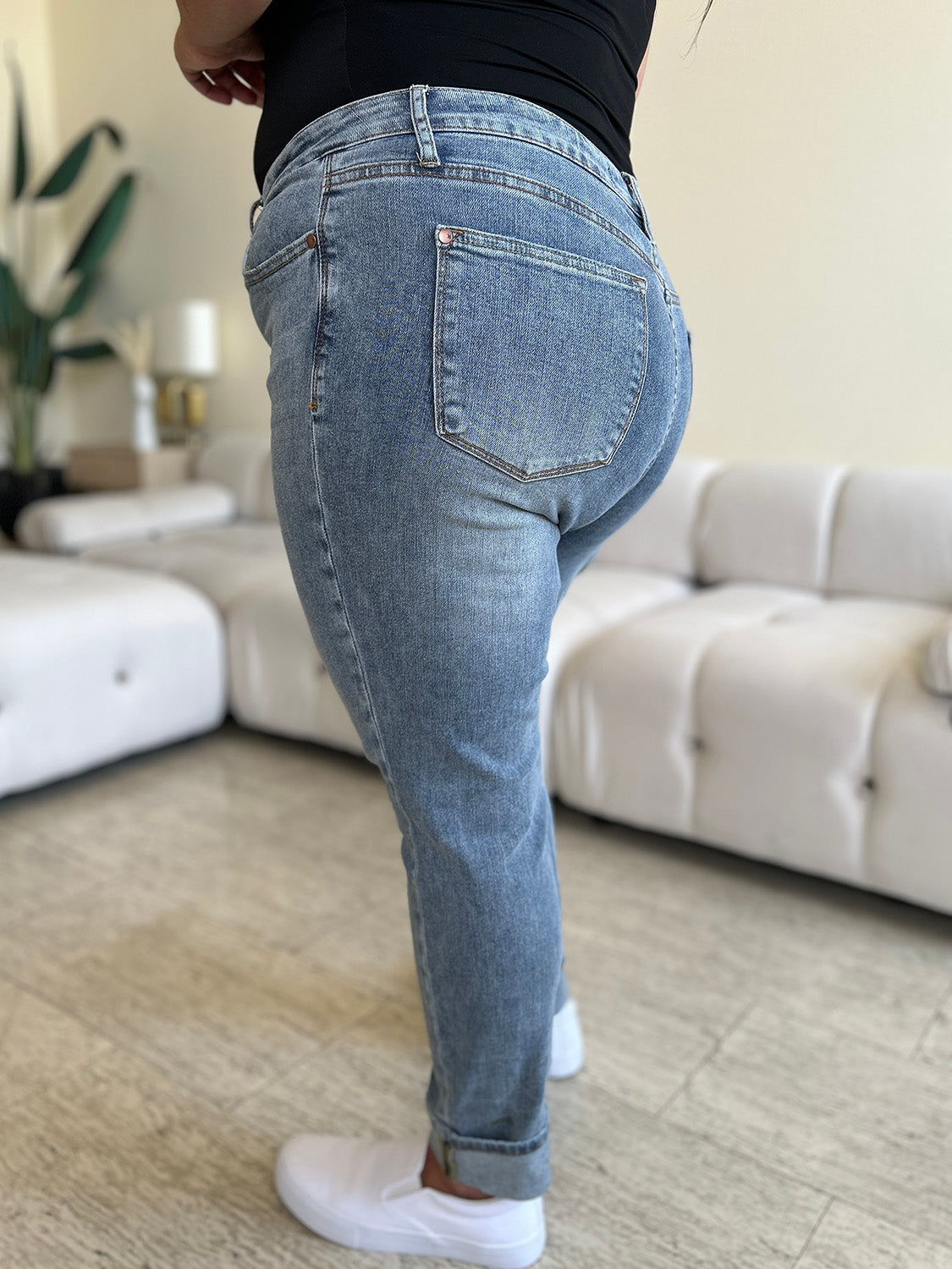 Stilla | Blå Størrelse Høj Talje Cuff Hem Skinny Jeans