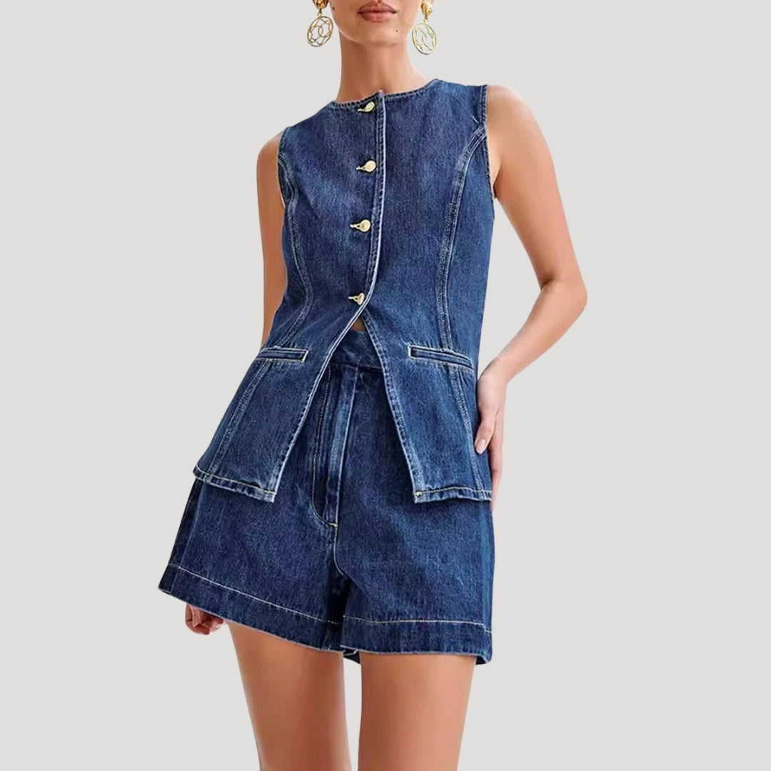 Stilla | Kvinders Denim Co Ord Sæt Ærmeløs Knap Op