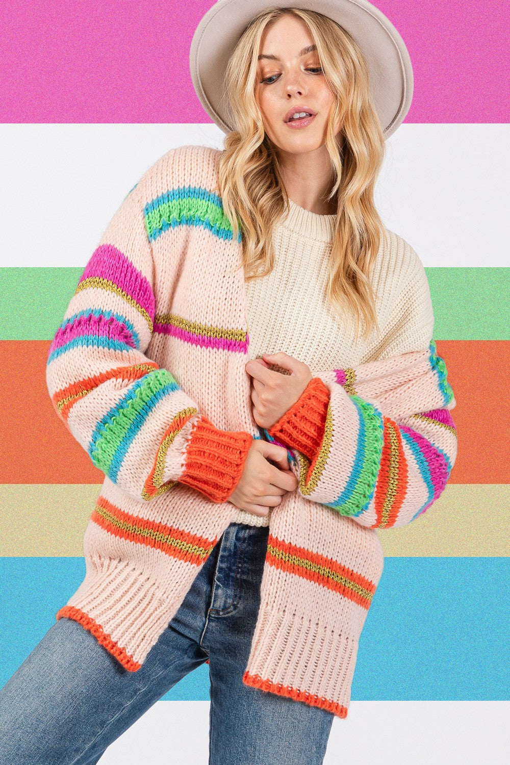 Stilla | Regnbue Stribet Åben Front Strik Cardigan